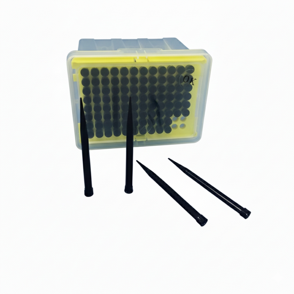 Ponteira descartável condutiva para automação, em racks, sem filtro, 1000uL, caixa com 1.536 unidades para Equipamentos Tecan, Ref: TT1000A-1-B